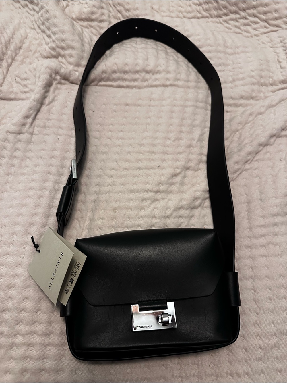 All Saints Black Leather Crossbody Bag with Silver Hardware